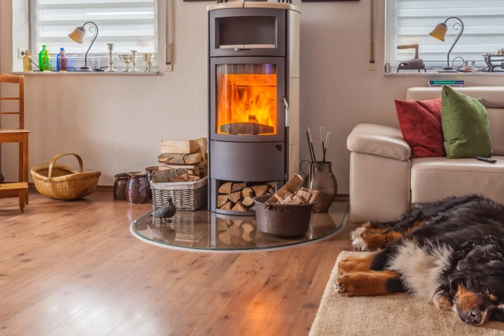 Intérieur chaleureux avec une cheminée moderne, du bois empilé et un chien reposant sur un tapis près d'un canapé.